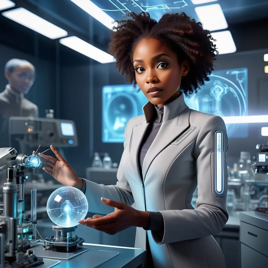 Prompt: African American woman conducting a futuristic experiment, high-tech laboratory environment, holographic projections, advanced technology, detailed facial features, modern metallic lab equipment, professional attire, futuristic lighting, best quality, highres, ultra-detailed, futuristic, high-tech, holographic, advanced technology, detailed facial features, modern, professional, futuristic lighting