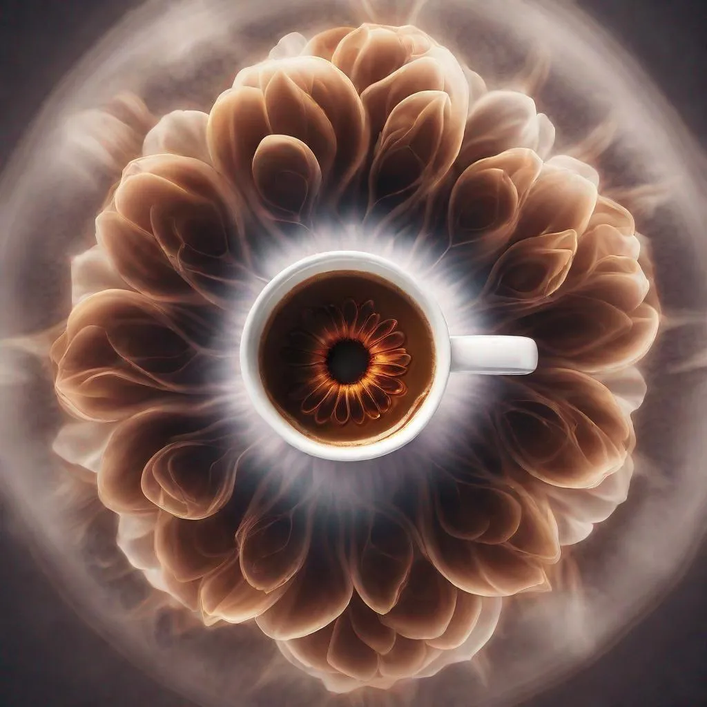 Prompt: Surreal digital art of hot coffee disk florets emerging from the center of a flower, dreamlike, high quality, ethereal atmosphere, dreamy lighting, steam rising, pool of hot coffee, surreal, digital art, dreamy, high quality, ethereal, steam, coffee disk florets, flower center, center of flower is a pool of coffee, disk florets are a pool of coffee