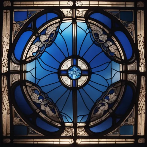 Prompt: Stained glass window on architectural building, sapphire blue, aerial view, Art Nouveau, detailed geometric patterns, intricate designs, high quality, Art Nouveau, sapphire blue, aerial perspective, detailed glasswork, architectural beauty, professional, atmospheric lighting