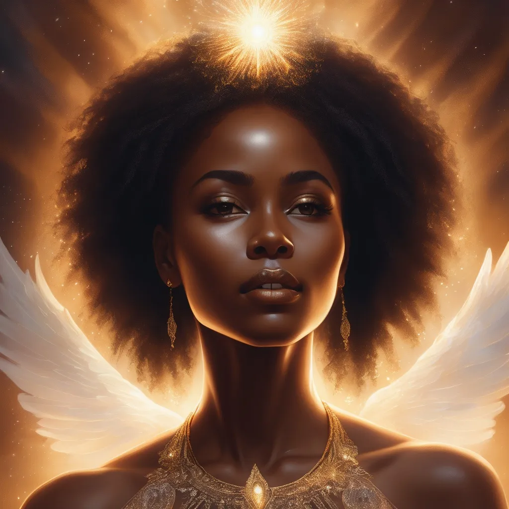 Prompt: Detailed digital illustration of a radiant Black woman, glowing with heavenly light, striking features, ethereal aura, elegant and regal posture, celestial essence, angelic presence, highres, ultra-detailed, digital painting, ethereal, radiant, heavenly glow, regal, celestial, elegant posture, striking features