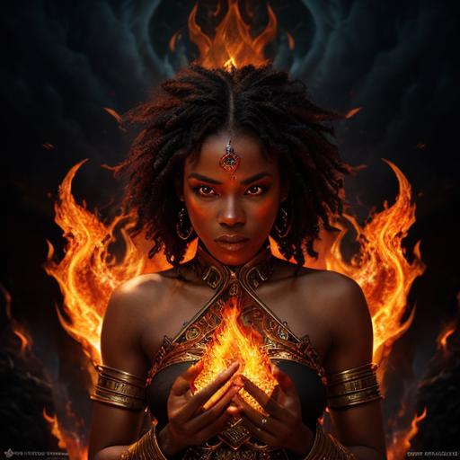 Black woman controlling fire, vibrant colors, fantas... | OpenArt