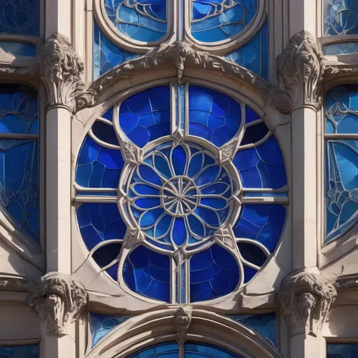 Prompt: Stained glass window on architectural building, sapphire blue, aerial view, Art Nouveau, detailed geometric patterns, intricate designs, high quality, Art Nouveau, sapphire blue, aerial perspective, detailed glasswork, architectural beauty, professional, atmospheric lighting