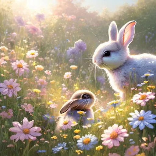 Prompt: peaceful meadow, vibrant flowers, playful bunnies, high quality, detailed, digital painting, cute and whimsical, pastel tones, soft natural lighting, detailed flowers, adorable bunnies, serene atmosphere