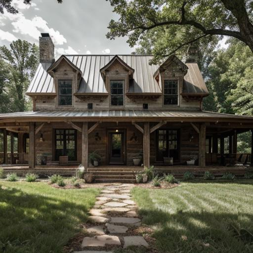 Prompt: Two-story farmhouse, rustic wooden exterior, sprawling front porch, lush greenery in the surroundings, high quality, detailed, misc-architectural, warm tones, natural lighting, vintage design, cozy atmosphere, detailed wooden textures, scenic countryside setting