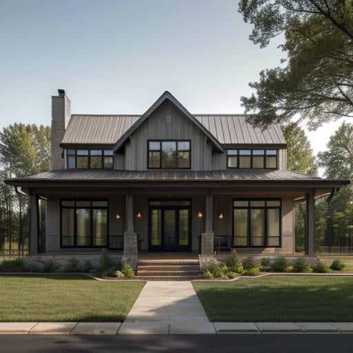 Prompt: Two-story modern farmhouse, photorealism, detailed architecture, natural lighting, high quality, photorealistic, modern design, farmhouse exterior, subtle and warm color tones, spacious front porch, lush green landscaping, intricate woodwork, large windows, pristine condition, rural environment