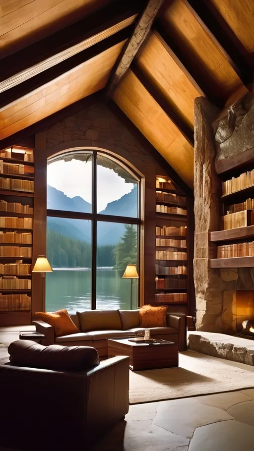 Prompt: (expansive high ceiling rock cave), serene lake reflecting soft light, (library books integrated into rock walls), earthy tones mixed with warm orange and soft yellow hues, bookshelves, beams of natural light spilling in, tranquil ambiance, ultra-detailed, atmospheric depth, books, captivating scene blending nature and comfort.