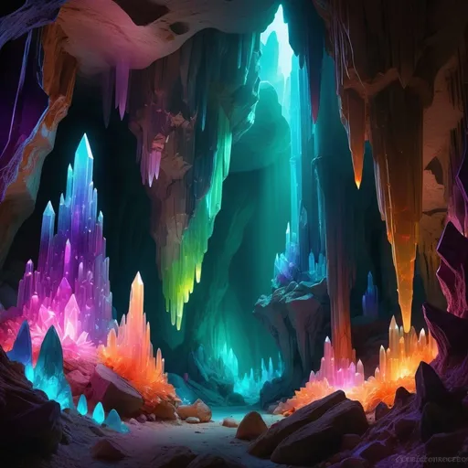 Prompt: Prismatic caverns, digital art, vibrant colored crystals, glowing underground environment, surreal, high-res, fantasy, neon tones, luminescent lighting, detailed rock formations, otherworldly atmosphere, glittering stalactites, mysterious underground world, intricate designs, dynamic perspective, immersive, otherworldly, breathtaking visuals
