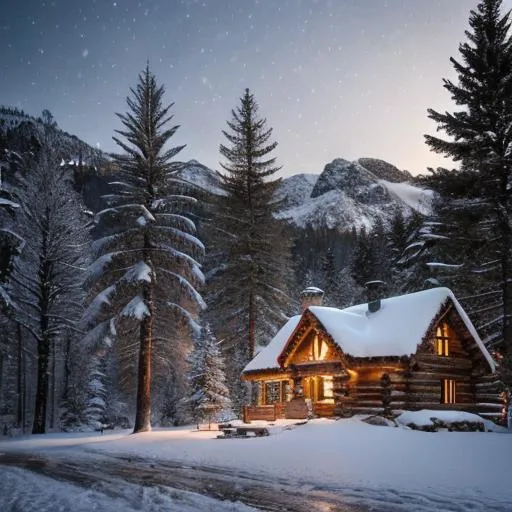 Prompt: Winter wonder, snowy landscape, majestic mountains, cozy cabin, warm glow from the fireplace, snow-covered pine trees, serene atmosphere, high quality, digital painting, realistic, cool tones, soft lighting, peaceful