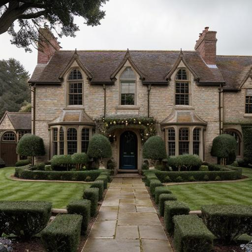 Prompt: The Dursley house in Harry Potter, detailed suburban setting, brick exterior, meticulous garden with topiaries, English architecture, overcast lighting, high quality, realistic, atmospheric, suburban, detailed brick exterior, meticulous garden, English architecture, overcast lighting