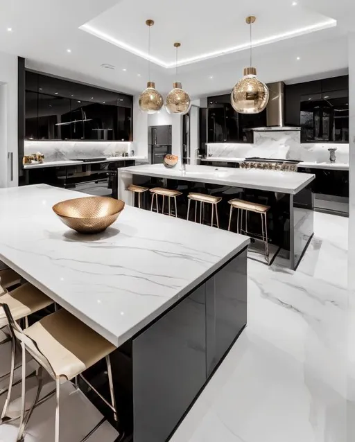 Prompt: Luxurious, modern, spacious kitchen high-end appliances, natural lighting, elegant pendant lights, professional photography, high resolution, interior design, luxury, contemporary, bright, spacious,