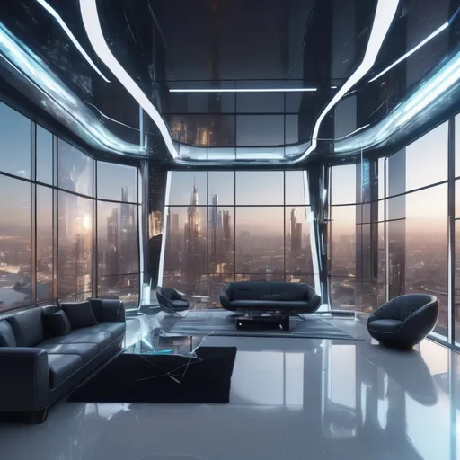 Prompt: Futuristic interior design with prominent lighting, high-tech architecture, sleek and modern furniture, glass elements, reflective surfaces, immersive mood lighting, futuristic cityscape visible through windows, 4k resolution, ultra-detailed, modern, futuristic, interior design, high-tech, sleek, glass elements, immersive lighting, cityscape view, professional