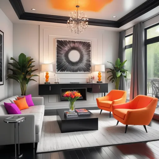 Prompt: Hyperrealistic pencil sketch of modern interior design elements, radiant color splashes, high-quality, black and white, detailed shading, professional artistry, modern furniture, sleek lines, luxury vibe, pop of vibrant colors, artistic lighting, hyperrealism, interior design, pencil sketch, monochrome, luxury, professional, radiant color splashes, detailed shading