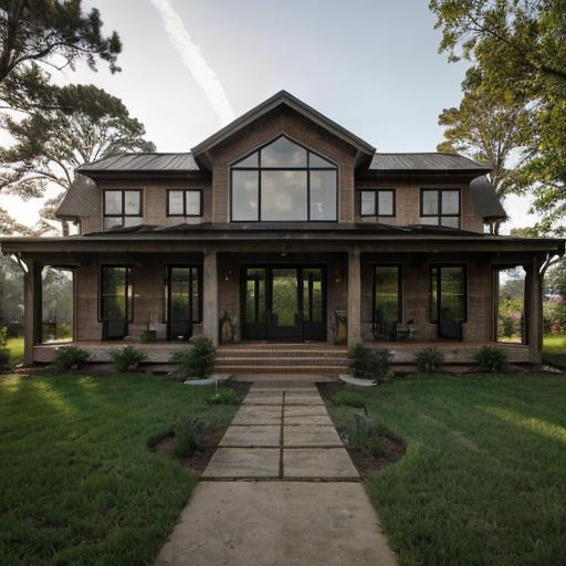 Prompt: Two-story afro-futurism farmhouse, photorealism, detailed architecture, natural lighting, high quality, photorealistic, modern design, farmhouse exterior, subtle and warm color tones, spacious front porch, lush green landscaping, intricate woodwork, large windows, pristine condition, rural environment