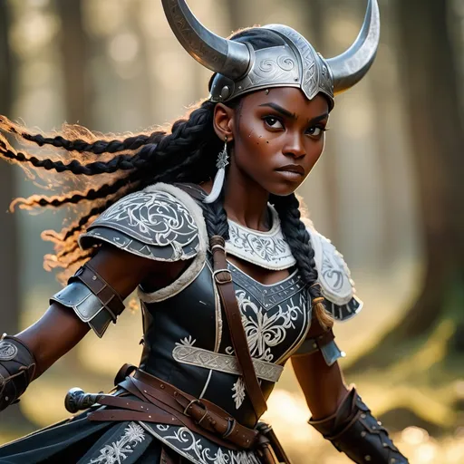 Prompt: a photo of a black female battle dancing Viking dressed in an Ethereal war costume with broderie detail on the armour, unsheathing her broad sword, but you can't see their face, realistic, film stock, intricately detailed