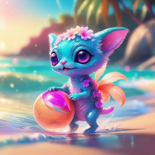 Prompt: Cute alien animal at the beach, digital painting, fluffy pastel fur, vibrant tropical setting, 4k ultra-detailed, cute cartoon, warm tones, soft sunlight, playful expression, exotic flowers, crystal clear water, relaxed atmosphere, professional, tropical lighting, playing with a beach ball in the water, splashing, looking at the water