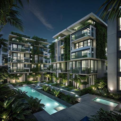 Prompt: Architectural anthology in cool blue and green tones, modern structures, lush greenery intertwined with modern designs, detailed and intricate patterns, high quality, digital rendering, cool tones, contemporary, detailed architecture, lush greenery, professional, atmospheric lighting