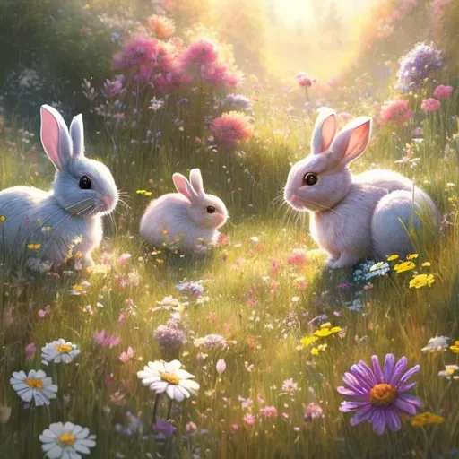 Prompt: peaceful meadow, vibrant flowers, playful bunnies, high quality, detailed, digital painting, cute and whimsical, pastel tones, soft natural lighting, detailed flowers, adorable bunnies, serene atmosphere