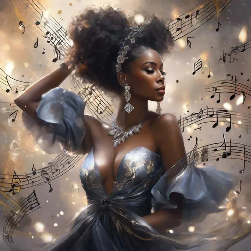 Prompt: Fantasy black woman that is music themed. (Equine quadruped). Music notes forming the womans body. Elegant features. Beautiful. Magical atmosphere. Photorealistic. Highly detailed painting. 64k.