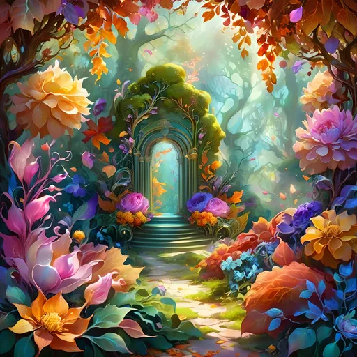 Prompt: (fall color flowers), (surreal art), (high-res), (vibrant lighting), whimsical garden, (dreamy ambiance), intricate details, leaves falling, captivating atmosphere, imaginative elements, lush greenery, (ultra-detailed composition), (fall colors), fluid forms of floral arrangements, ethereal background, enchanting hues, magical overall vibe, inspired by the beauty of fall, surreal inspirations, petals glimmering gently in light.