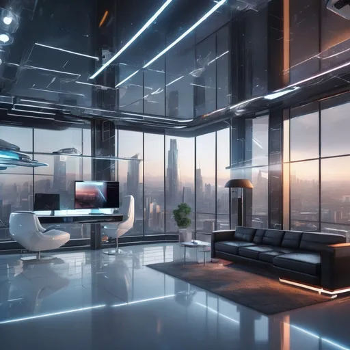 Prompt: Futuristic interior design with prominent lighting, high-tech architecture, sleek and modern furniture, glass elements, reflective surfaces, immersive mood lighting, futuristic cityscape visible through windows, 4k resolution, ultra-detailed, modern, futuristic, interior design, high-tech, sleek, glass elements, immersive lighting, cityscape view, professional