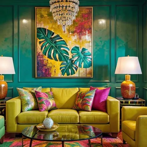 Prompt: Vibrant living room oil painting, thick impasto, interior design, living room, tropical furniture, Hawaiian flowers, luxurious, tropical theme, rich textures, vivid colors, high quality, impasto, interior decor, warm lighting, vibrant colors, luxurious, rich textures, tropical theme