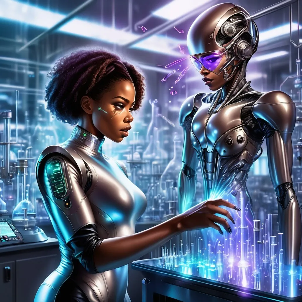 Prompt: African American woman conducting a futuristic experiment, modern metallic lab equipment, high-tech laboratory environment, holographic projections, advanced technology, not looking at camera, looking at the experiment, futuristic lighting, best quality, highres, ultra-detailed, futuristic, advanced tech, holographic projections, modern laboratory, focused work, metallic equipment, African American woman, professional, atmospheric lighting