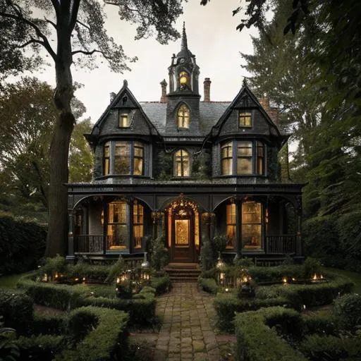 Prompt: Victorian house nestled among trees, magical garden setting, photorealistic, detailed vintage architecture, warm and cozy lighting, detailed, high quality, forest, Harry Potter, magical, vintage, whimsical, Golden snitch theme, cozy atmosphere