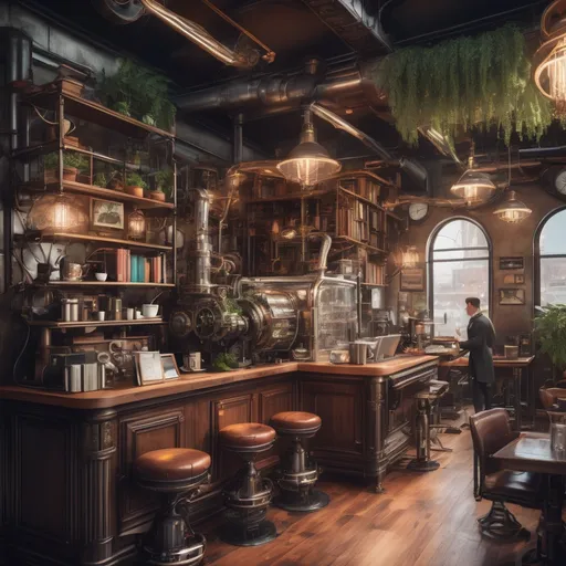 Prompt: Steampunk coffee shop with scattered greenery, books, cheerful atmosphere, detailed machinery, filled with intricate circuitry, high quality, atmospheric lighting, steampunk, detailed, books, circuitry, industrial, cheerful