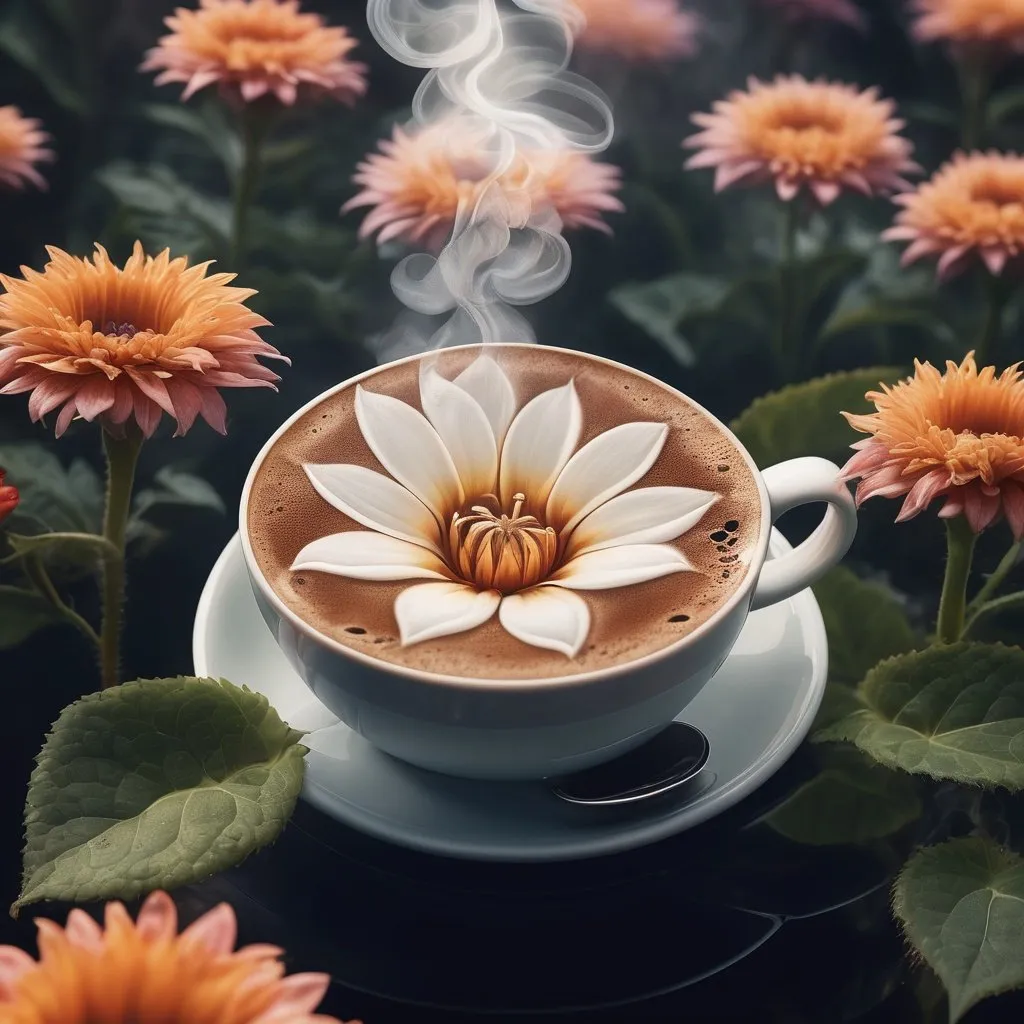 Prompt: hot coffee emerging from the center of a flower, steam rising, disk florets are a pool of coffee, growing flower in a garden setting, highres, dreamlike, detailed steam, flower center is coffee, garden background, steam rising, surreal, intense lighting, flower is in a garden