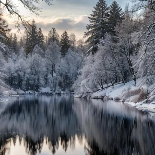 Prompt: Frozen lake in winter forest, oil painting, natural lighting, detailed snow-covered trees, serene atmosphere, high quality, realistic, cool tones, tranquil scenery, icy reflections, peaceful ambiance, winter landscape, snow-covered branches, frosty environment