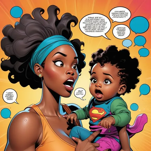 Prompt: Comic book page of a black woman with her 9 month old son, vibrant colors, dynamic action lines, detailed, vibrant, detailed characters, high quality, High-detail comic book page, dynamic speech bubbles, colorful and bold, inked outlines, sound effects, professional, best quality, vibrant, dynamic speech bubbles, dynamic shading,