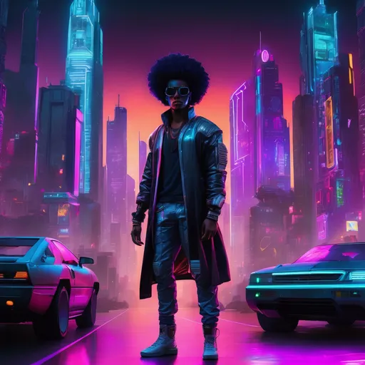 Prompt: Afro-futurism cyberpunk scene with an Afro-American protagonist, futuristic city skyline, neon lights, metallic accents, high-tech accessories, vibrant colors, ultra-detailed, sci-fi, cyberpunk, futuristic, Afro-American protagonist, neon lights, metallic accents, vibrant colors, high-tech accessories, cyberpunk cityscape, urban, professional, atmospheric lighting