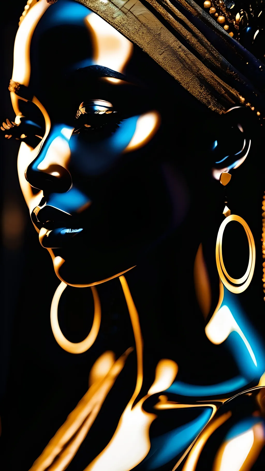 Prompt: Close up of Black woman face made of marble, (exquisite marble skin), deep black marble tone, rich gold veins glowing through, (highly detailed textures), striking contrast,(dramatic lighting), captivating ambiance, focus on artistry and craftsmanship, (ultra-detailed), captivating sculptural atmosphere, beautiful marble surface reflections, ethereal and otherworldly vibe.