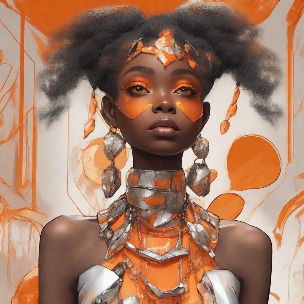 Prompt: African American Girl in eco friendly haute couture outfit in the style of anime, surrealism, akira style. details. fine jewelry. eco friendly. orange vibe.