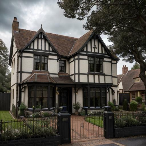 Prompt: The Dursley house from Harry Potter, detailed exterior, British suburban setting, overcast lighting, realistic rendering, brick facade, neat front garden, imposing and unwelcoming, muted color palette, high-quality, detailed architecture, cloudy sky, traditional British architecture, suburban, realistic, detailed, overcast lighting, imposing facade, unwelcoming atmosphere, muted colors, traditional, highres, realistic rendering