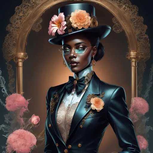 Prompt: Afro-American woman in a luxury tailored suit, surreal glass skull with blooming flowers, transparent female figure in a suit, highres, ultra-detailed, steampunk, luxury, tailored, transparent skull, surreal, detailed facial features, elegant, vintage, atmospheric lighting, Victorian era, sophisticated color palette, intricate steampunk details, blooming flowers, top hat, refined, professional illustration