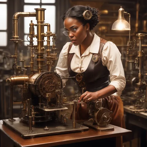 Prompt: African American woman conducting a steampunk experiment, intricate brass and leather machinery, vintage laboratory setting, high quality, steampunk, vintage, detailed machinery, determined expression, professional lighting, full body view, facing away from camera, focused on work