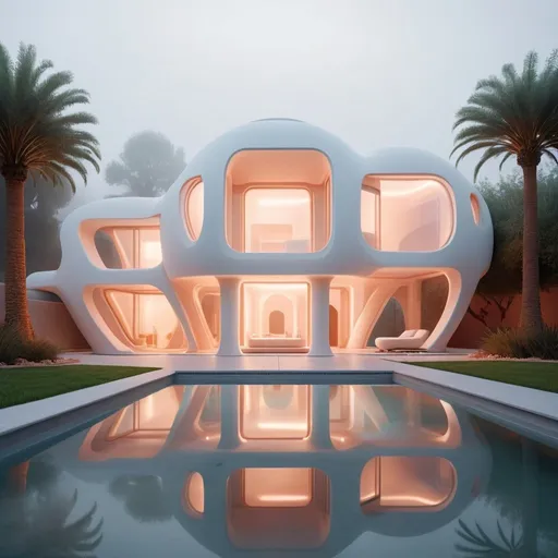 Prompt: Cinematic photo, highly detailed, Futuristic, 3D printed, clay, geometric, glossy white, architectural Villa, with artificial lighting, terra-cotta, prairie landscaping, illuminated swimming pool, daylight, exotic, foggy