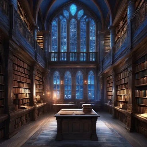 Prompt: (huge fantasy library), illuminated by soft moonlight streaming through a stained glass window, shadowy and desolate atmosphere, countless dusty books lining the towering shelves, intricate woodwork and crumbling stone walls, enchanting yet lonely, whispers of forgotten stories, rich blue and silver tones, ultra-detailed, high quality, immersive setting. (River flowing through the library)