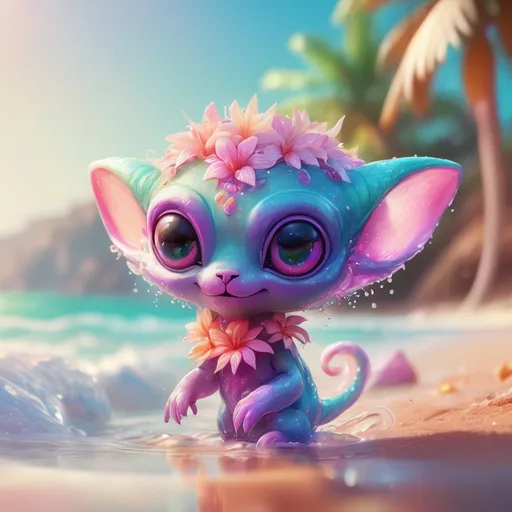 Prompt: Cute alien animal at the beach, digital painting, fluffy pastel fur, vibrant tropical setting, 4k ultra-detailed, cute cartoon, warm tones, soft sunlight, playful expression, exotic flowers, crystal clear wate relaxed atmosphere, professional, tropical lighting, splashing in the water, touching the water