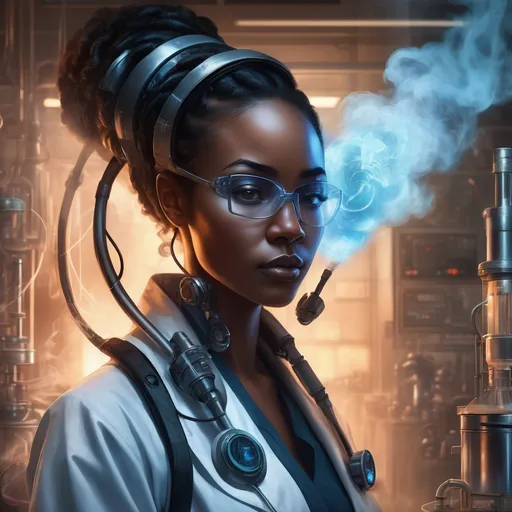 Prompt: African American female scientist, futuristic laboratory, high-tech equipment, swirling smoke, glowing tubes, intense focus, digital painting, dramatic lighting, cool tones, high quality, futuristic, laboratory equipment, detailed facial features