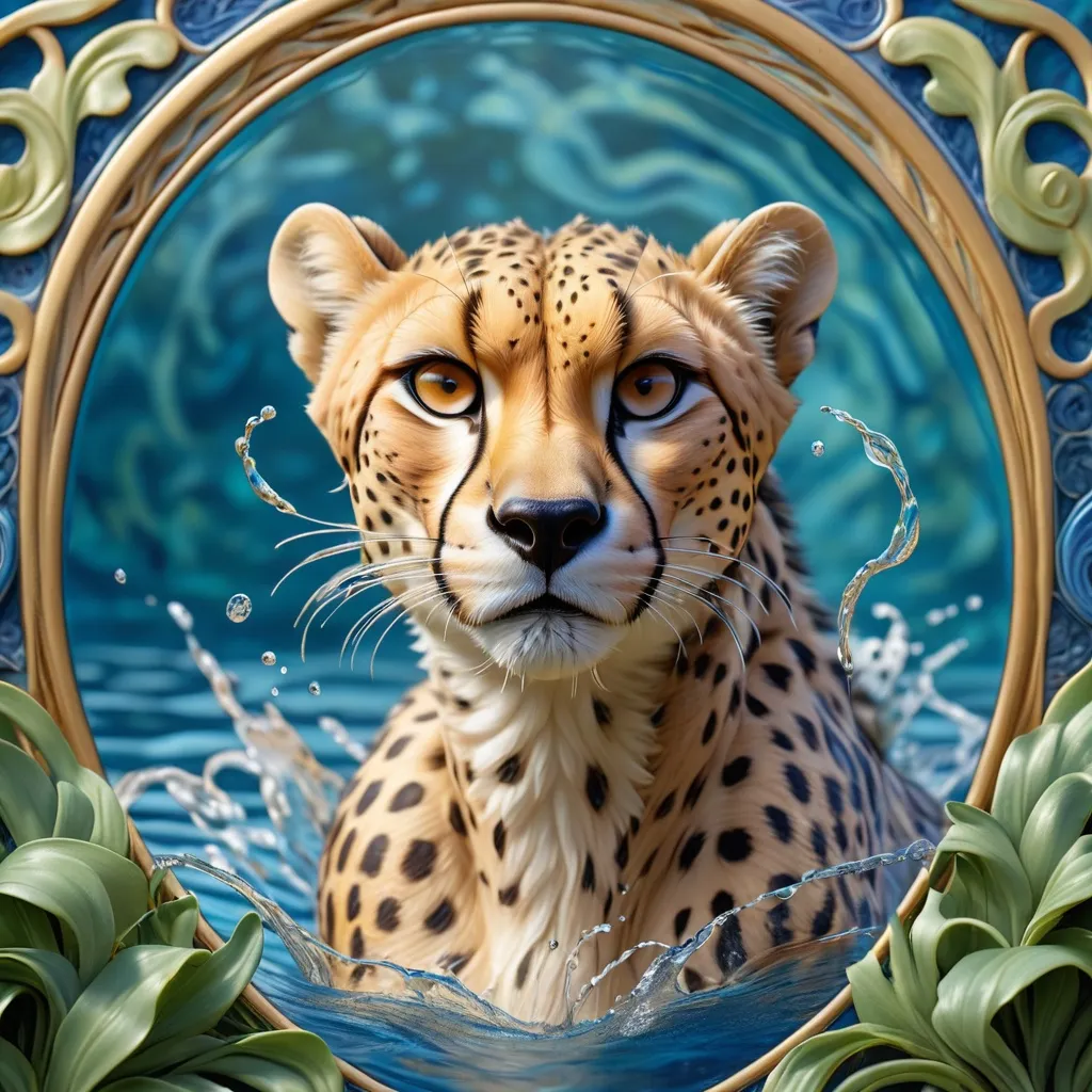 Prompt: Aerial view of a majestic cheetah gracefully splashing in sapphire blue waters, Art Nouveau style, detailed fur with elegant patterns, lush greenery surrounding the water, high quality, ultra-detailed, Art Nouveau, sapphire blue, majestic cheetah, graceful movement, splashing water, lush greenery, detailed fur, elegant patterns, aerial view, professional, atmospheric lighting