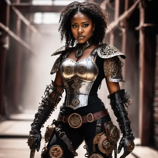 Prompt: Black female warrior, steam punk, detailed steampunk armor with intricate gears and cogs, fierce expression, mechanical enhancements, high contrast lighting, industrial background, confident stance, metal and leather materials, gritty and atmospheric, high quality, steampunk, detailed armor, intense gaze, industrial, confident, fierce, mechanical enhancements, high contrast lighting, warrior, black female