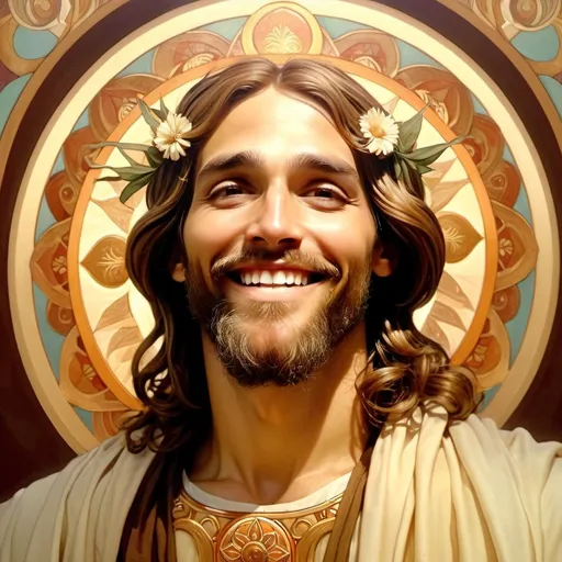 Prompt: Jonathan Roumie as Jesus, smiling, portayed as an orthodox icon