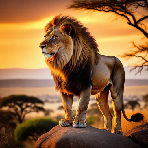 Prompt: A majestic African lion standing on a rocky outcrop during a golden sunset, its thick mane glowing with rich golden-brown and auburn hues. The lion's sharp amber eyes radiate power and intelligence, while its muscular body is highlighted by the warm, diffused light. The background features a sprawling savannah with scattered acacia trees, under a dramatic sky filled with vibrant shades of orange, red, and purple. Fine details of the lion's fur are visible, with a soft breeze ruffling its mane. The mood is cinematic and awe-inspiring, with a focus on realism and intricate textures, captured in ultra-high definition, 8K resolution. --ar 16:9 --v 5 --q 2