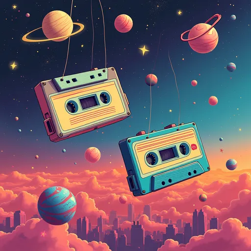 Prompt: A minimalist yet colorful album cover for an EDM/dance music duo named "Rob & Jack." The album title is "Lost Tapes: 10 Years Later." The design should be creative and abstract, referencing the style of Kanye West’s iconic album covers (like Graduation or The Life of Pablo), with bold colors, surreal elements, and a sense of nostalgia. No faces, just symbolic imagery — think cassette tapes floating in space, retro-futuristic cityscapes, or vibrant dreamlike scenes. The typography should be clean and modern, with the album title subtly integrated into the design. they are two artists in the collective,  dont write the artist name. 



