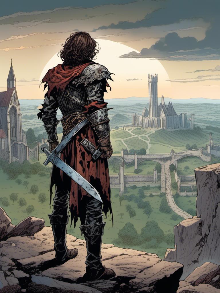 Prompt: <mymodel>spawn dungeons and dragons style, back-facing young looking, twenty-two-year-old lord, wearing a medieval military garment, dishevelled appearance, back facing, character looking away towards a wide-open landscape, detailed, high-quality, very large sword sheethed across his back.