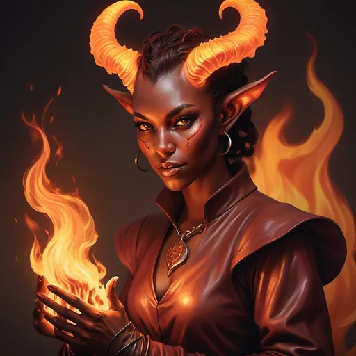 Prompt: hyper-realistic Tiefling character with fire hands, fantasy character art, illustration, dnd, warm tone