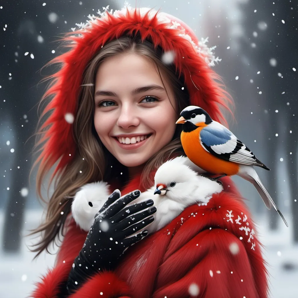 Prompt: a smiling young woman in a red fur coat holding a bird in the snow with snowflakes on her face, Artur Tarnowski, art photography, highly detailed digital painting, a photorealistic painting