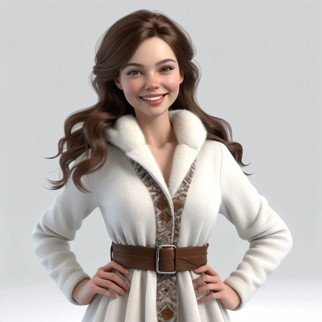 Prompt: Figure from Poser Daz3D styled with confident smile,, winter dress, white background, stunningly adorned attire, natural brown hair perfectly styled short, posed freely against a white background, digital render, ultra-realistic, vivid colors, high detail.